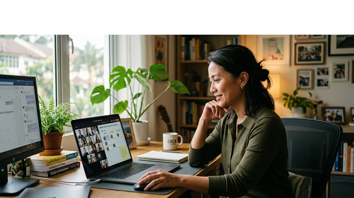 A remote team member working at a clean desk setup with a laptop, representing distributed team management across time zones