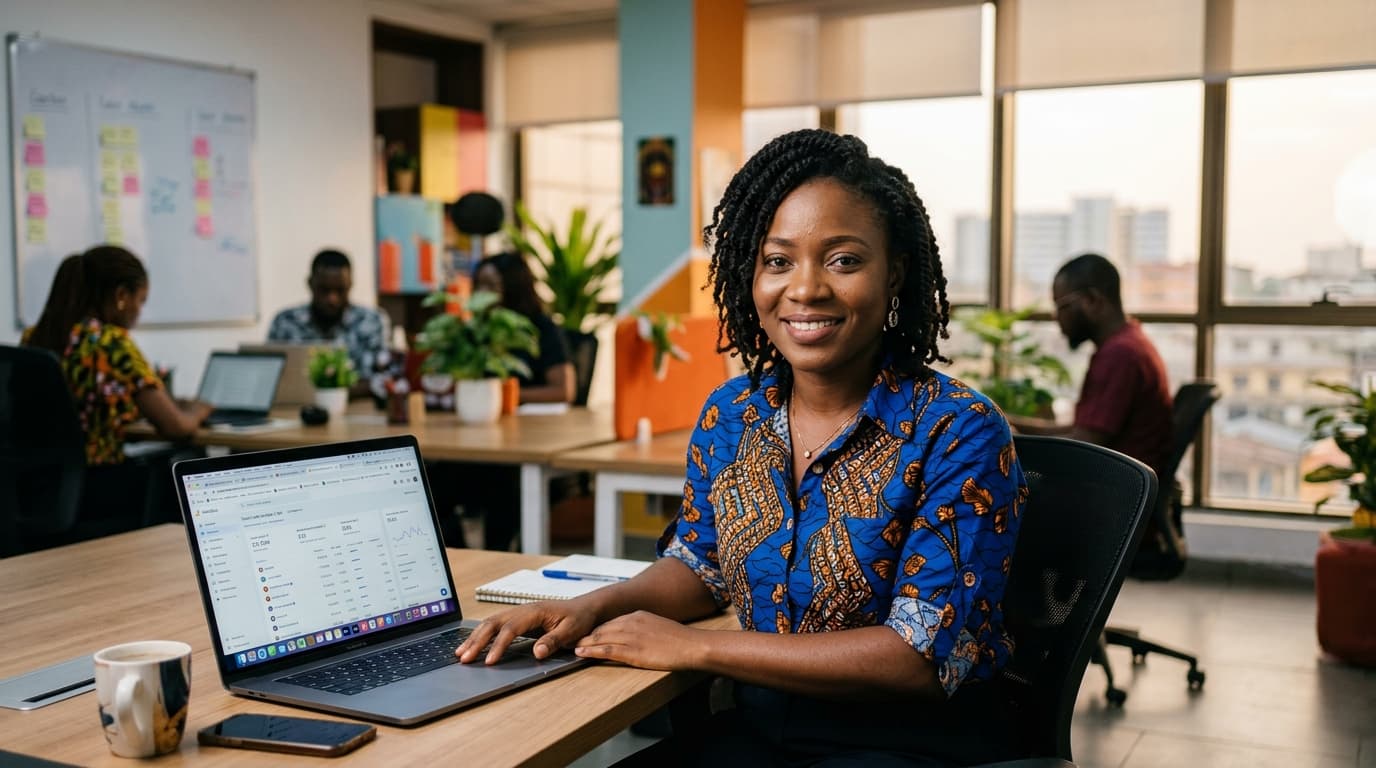 A social media manager at a desk reviewing analytics dashboards and content calendars on multiple screens