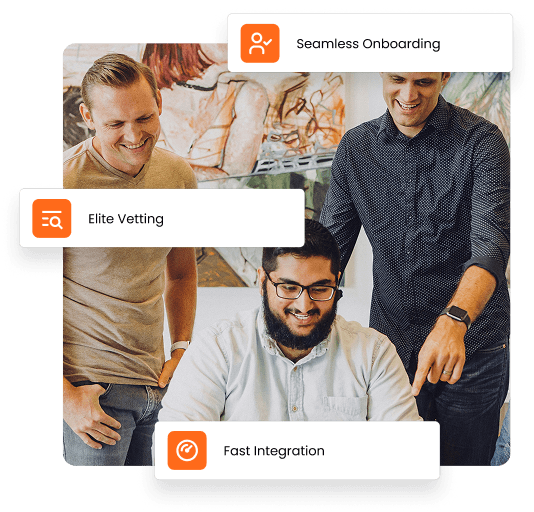 Three colleagues collaborating, with floating tags labeling Seamless Onboarding, Elite Vetting, and Fast Integration