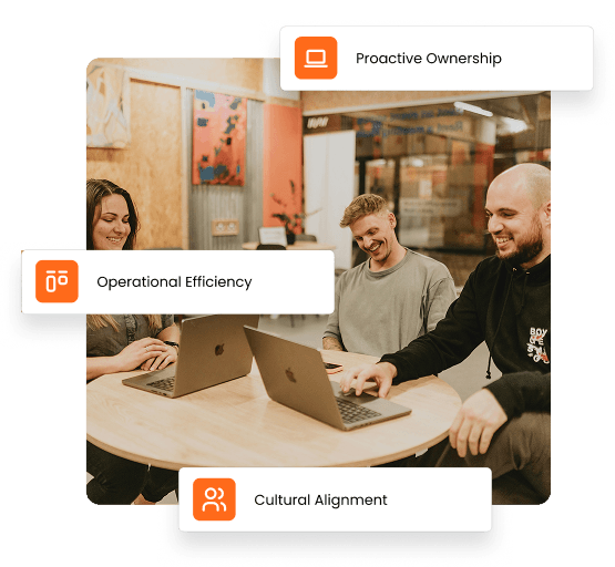Three colleagues collaborating around a table with floating tags labeling Proactive Ownership, Operational Efficiency, and Cultural Alignment