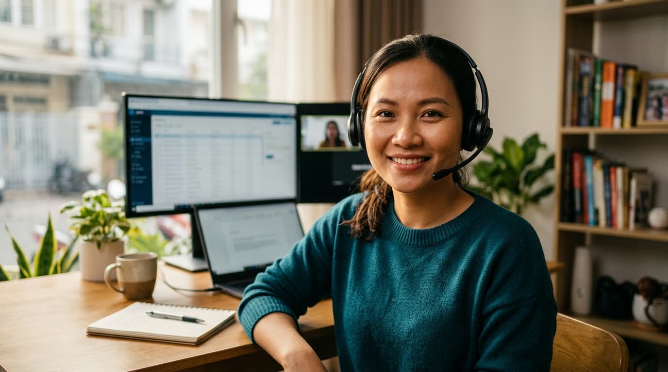 A remote customer service representative wearing a headset at a clean home-office desk, managing scheduling calls for a home services business