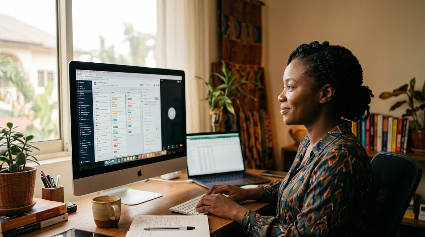 A remote executive assistant working at a laptop, managing a calendar and communications for a growing business